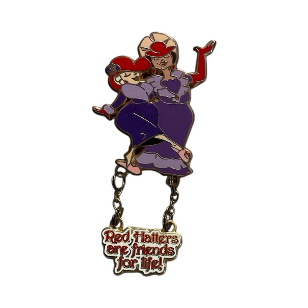 Vintage 2004 Red Hat Society Enamel Lapel Pin Friends For Life Dangle Brooch